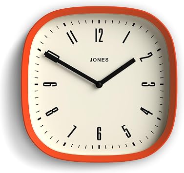 JONES CLOCKS Marvel Wall Clock | Modern Retro Rounded Square Clock | 10 inch | Orange | Cool Designer Look for Kitchen, Living Room or Office