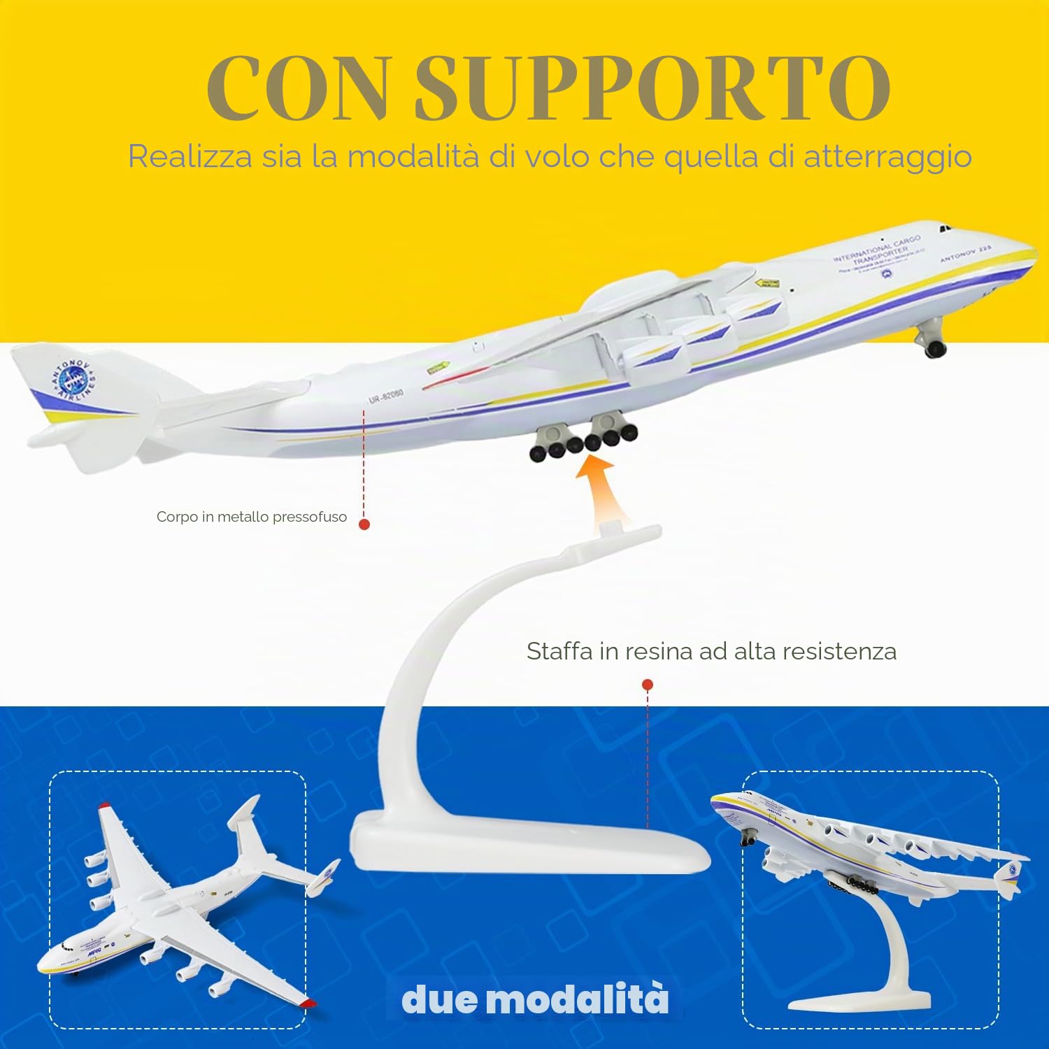 Antonov An-225 Mriya, modello in metallo pressofuso in scala 1/400 (livrea ucraina), grande aereo da trasporto strategico in miniatura per adulti appassionati di aviazione e modellismo