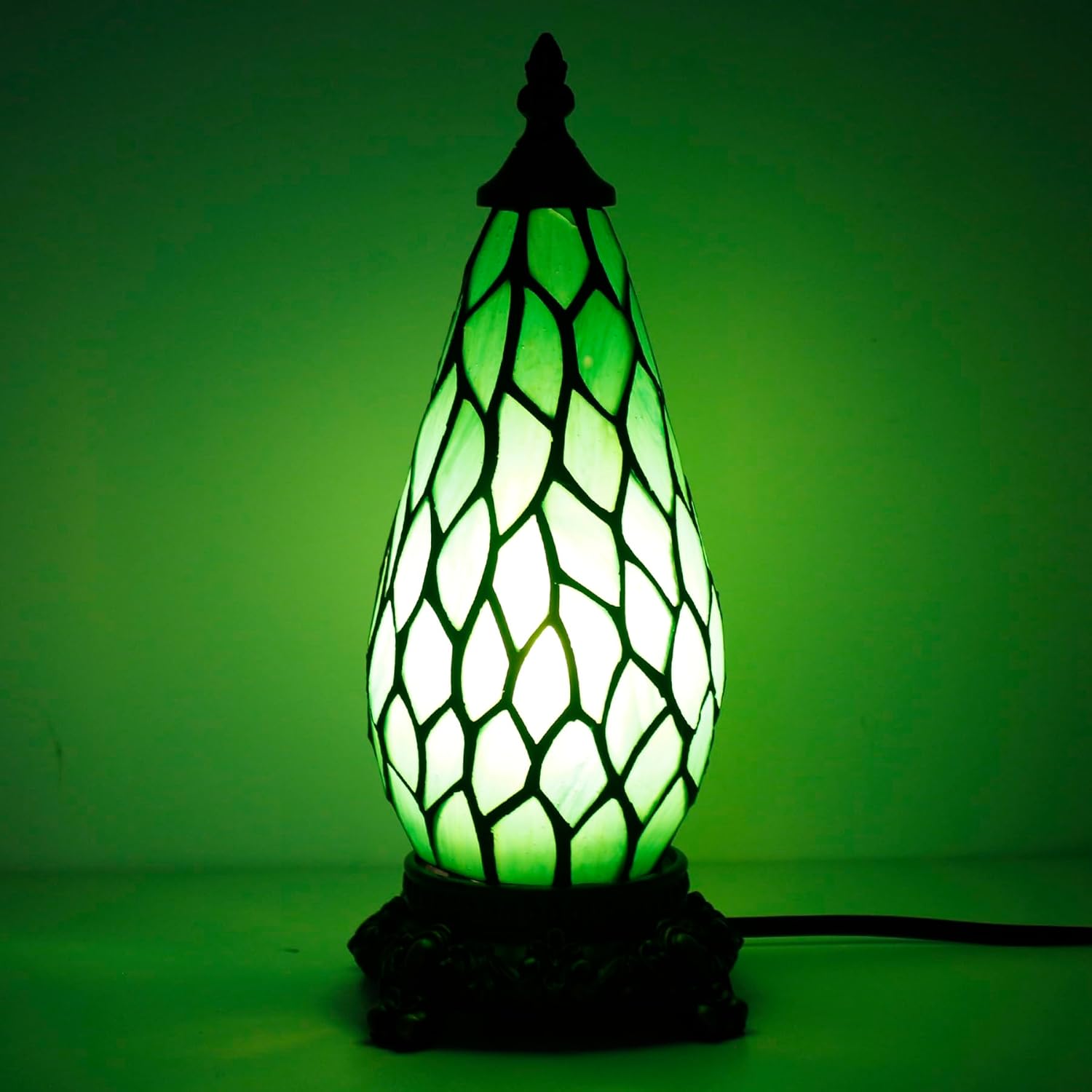 Small Tiffany Lamp Stained Glass Table Lamp 5.5X11 Inch Christmas Tree Lighthouse Mini Accent Memory Sympathy Antique Night Light for Bedroom Living Room (Green Wisteria)
