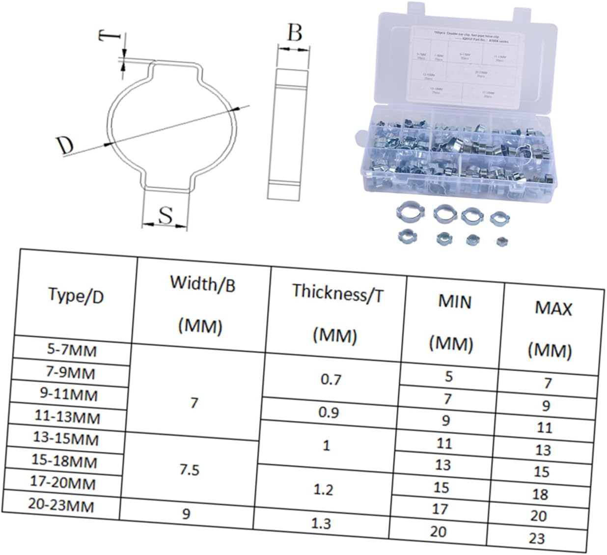 8 Sizes Black Tube Clamp 160pcs Carbon Steel Hose Clamps for Automotive Fuel Hose