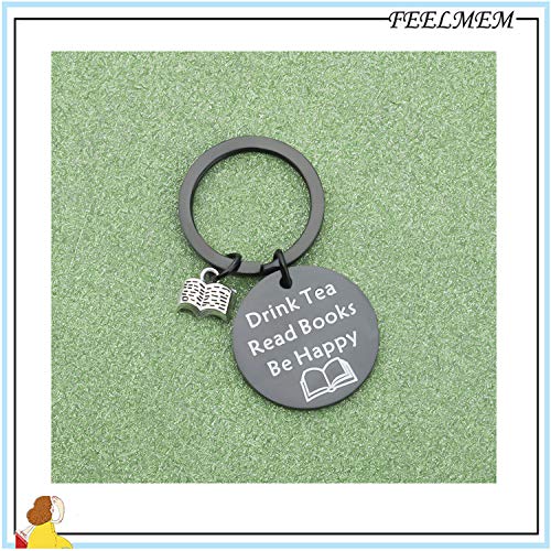 Image of FEELMEM Tea Lovers Drink Tea Read Books Keychain Party Gift Literature Book Lovers Jewelry Gift for Readers, Bookworm, Book (Drink Black)