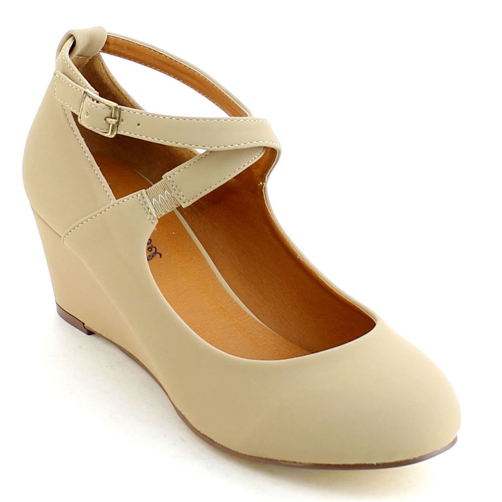 Bonnibel Debby-1 Women's Criss Cross Ankle Strap Wedge Pumps One Size Bigger,Natural,6