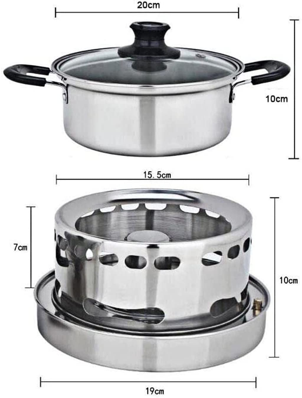 Mini fornello ad Alcool, fornello ad Alcool in Acciaio Inossidabile con pentola, Fornello a spirito, Attrezzatura da Picnic Portatile per Barbecue Picnic Trekking 20cm