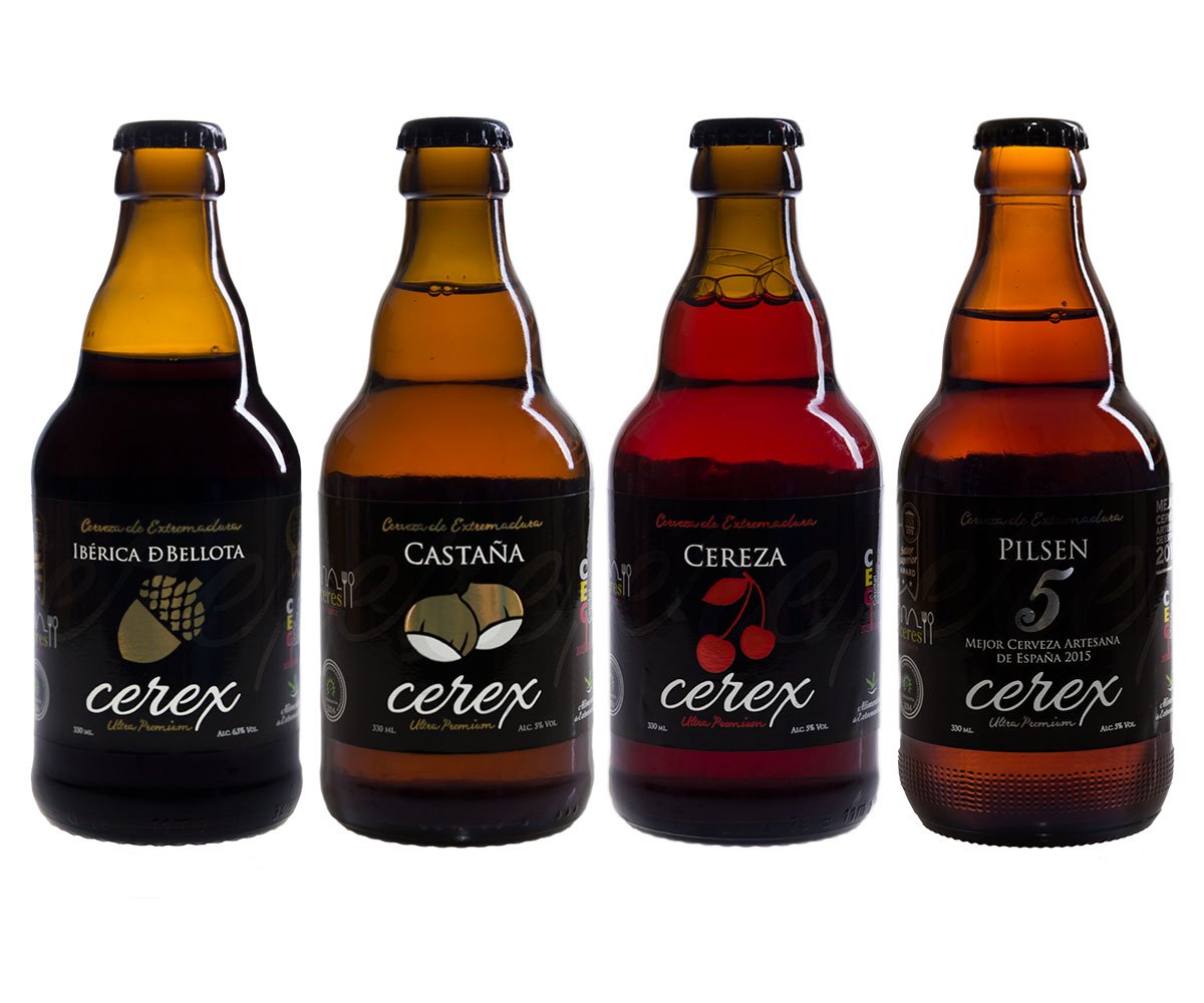 CEREX- Pack Degustación de 4 Botellas de Cerveza Artesana Gourmet de 33 cl. Degustación de Cerveza Artesana de Cereza, Castaña, Ibérica de Bellota y Pilsen. MEJOR CERVEZA ARTESANA DE ESPAÑA 2015