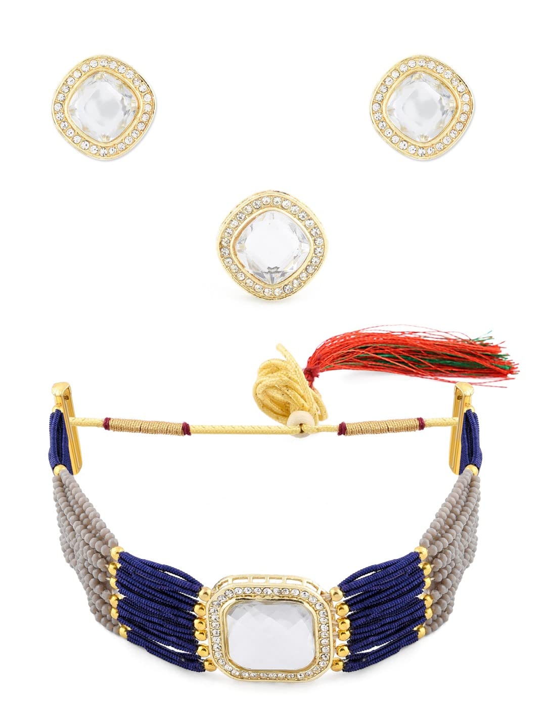 ZAVERI PEARLS Grey & Blue Multistrand Ethnic Choker Necklace Earring & Ring Set For Women-ZPFK11439 (B09MKLMG1T) Amazon Price History, Amazon Price Tracker