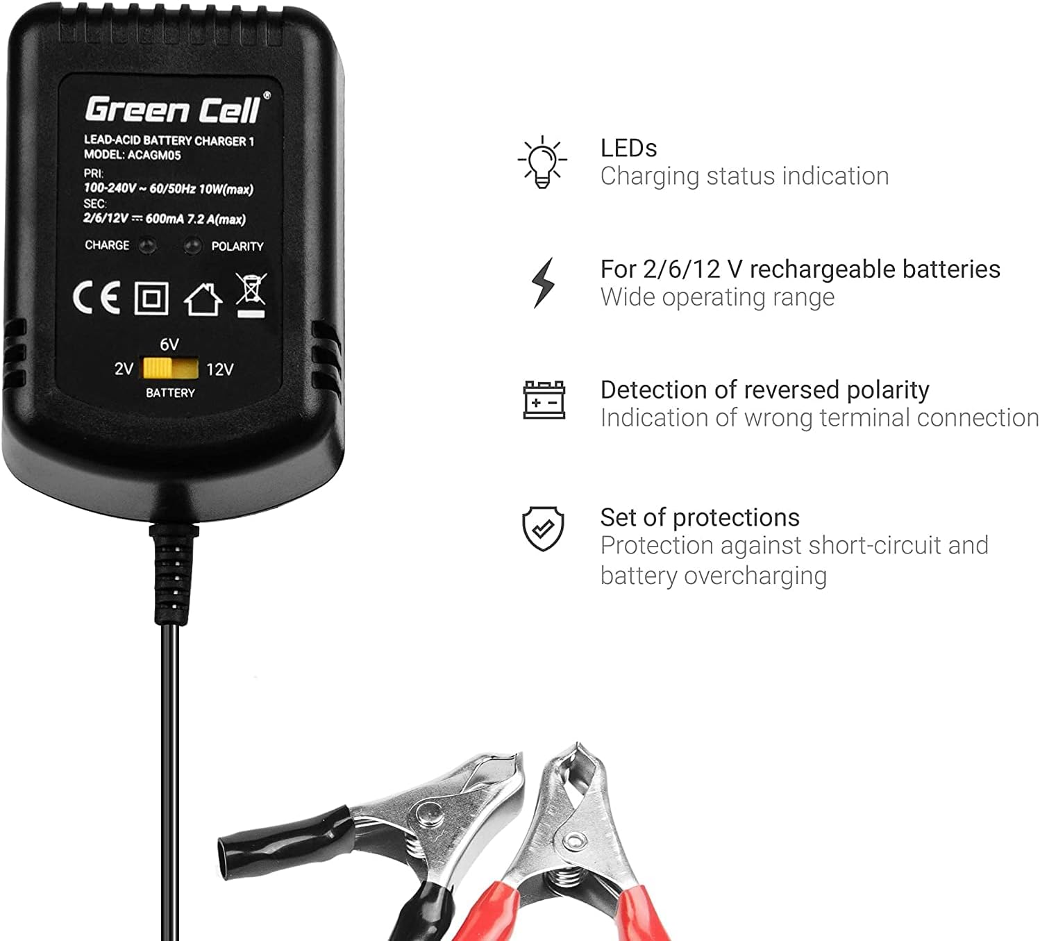 Green Cell® Battery Charger 2V/6V/12V 0.6A (SLA, Lead Acid, AGM, Gel, MF) Fully Automatic Battery Charger for Car Motorcycle Lawn Mower Boat Motorcycle Snowmobile Chair image 2
