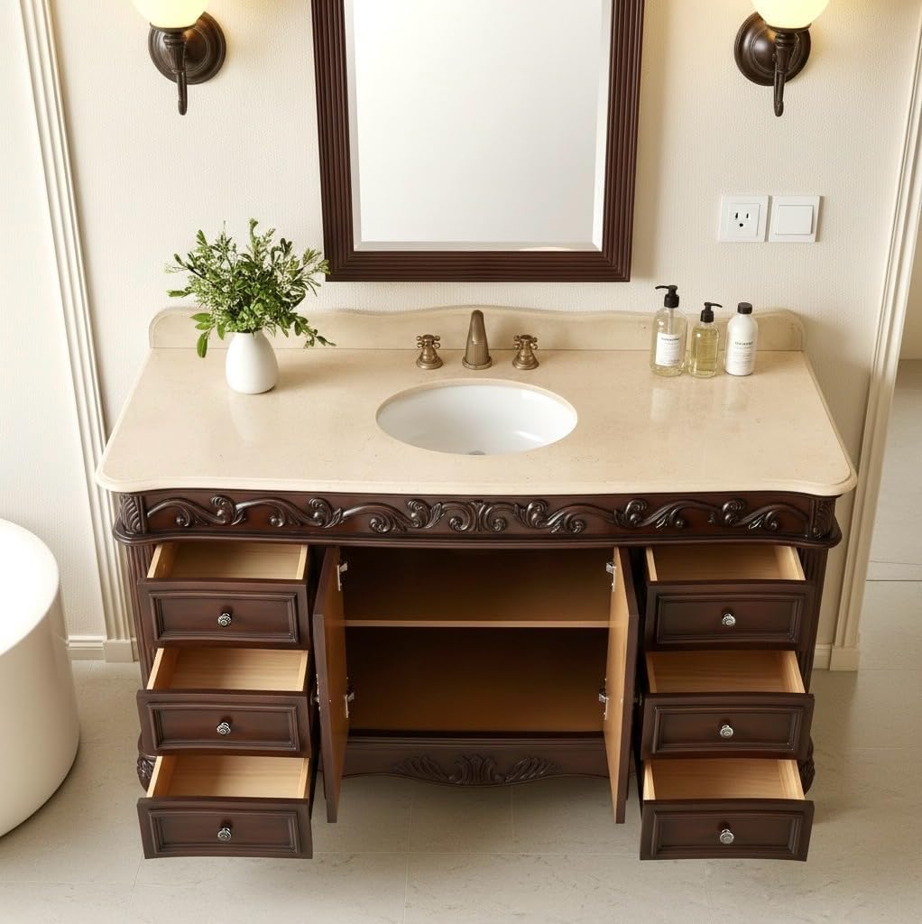 Benton Collection 56 Inch Beckham Free-Standing Bathroom Vanity, Cherry Brown Finish, Single Sink, Cream Marble Top, Porcelain White Undermount Sink, 6 Drawers, Cabinet Storage Model CF-3882M-TK-56