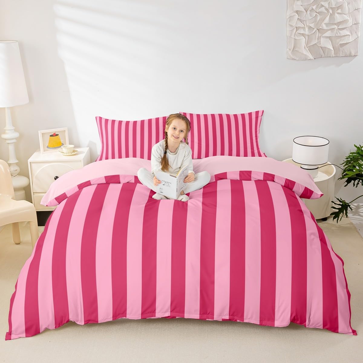 Rose Pink Red Bedding Set for Kids Boys Girls Abstract Stripes Comforter Cover Full Size Geometric Duvet Cover Bedroom Decor Breathable Soft Lightweight Microfiber Modern 3Pcs,No Comforter