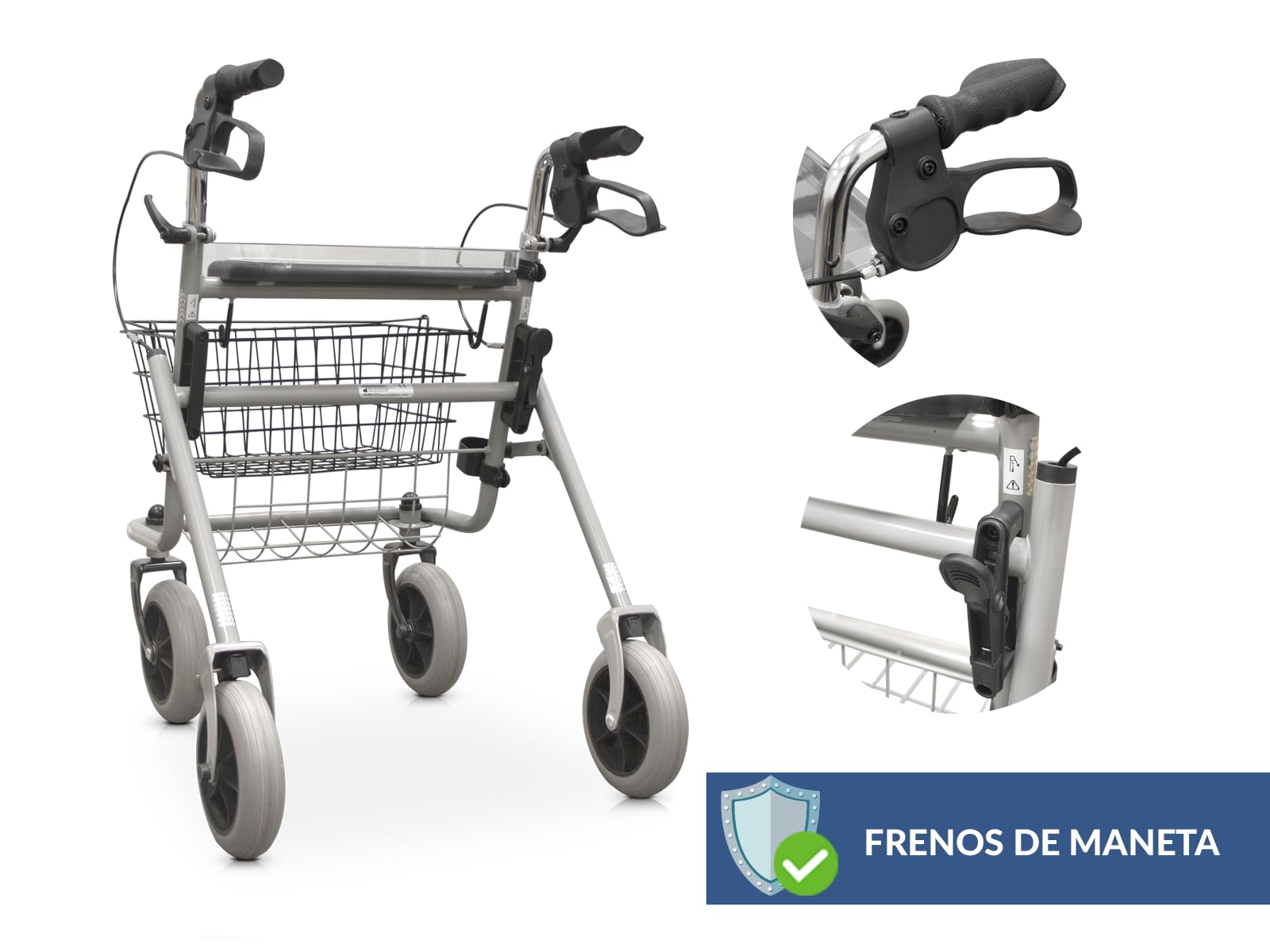 QUIRUMED - Andador con Bandeja y Canasto | Soporte para Bastón | Alta Capacidad de Carga | Ajustable en Altura y Plegable | Ideal para Personas Mayores, Gris