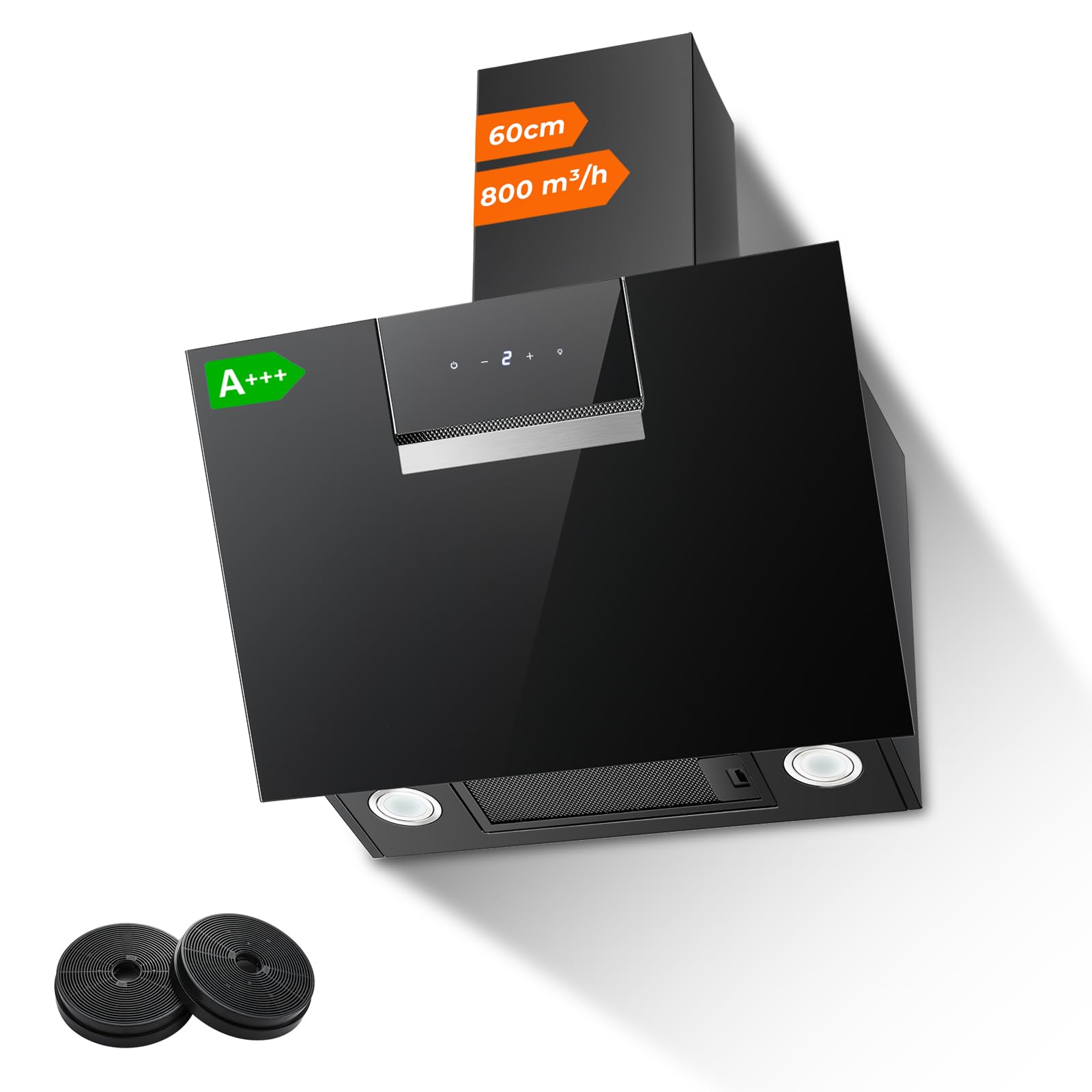 SNDOAS Dunstabzugshaube 60cm 800 m³/h A+++ 3 Stufen Booster Touchscreen Aktivkohlefilter Abluft Umluft Schwarz