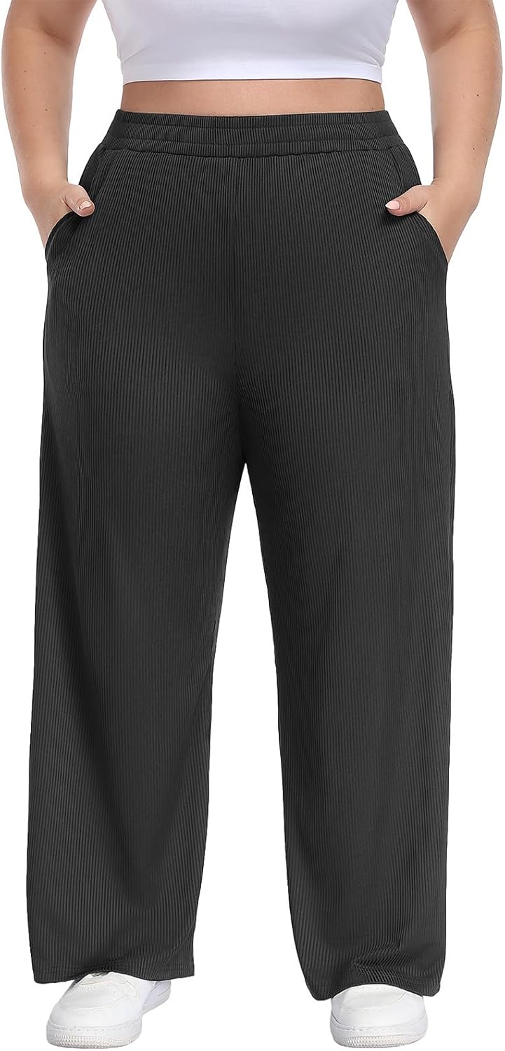 Lastshe Plus Size Dressy Work Pants for Women Wide Leg High Waist Pull On Knit Slacks with Pockets Casual Trousers,Black,1X