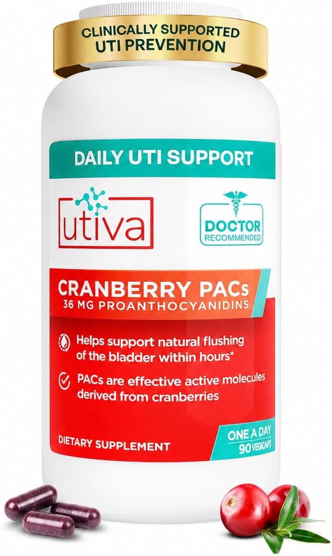 Utiva Cranberry PACs – Clinically Studied Ingredients 36mg PACs for UTI Avoidance - Supplement for Urinary Tract Health for Women and Men – Cranberry Extract Pills for Bladder Health, 90 Vegi Capsules