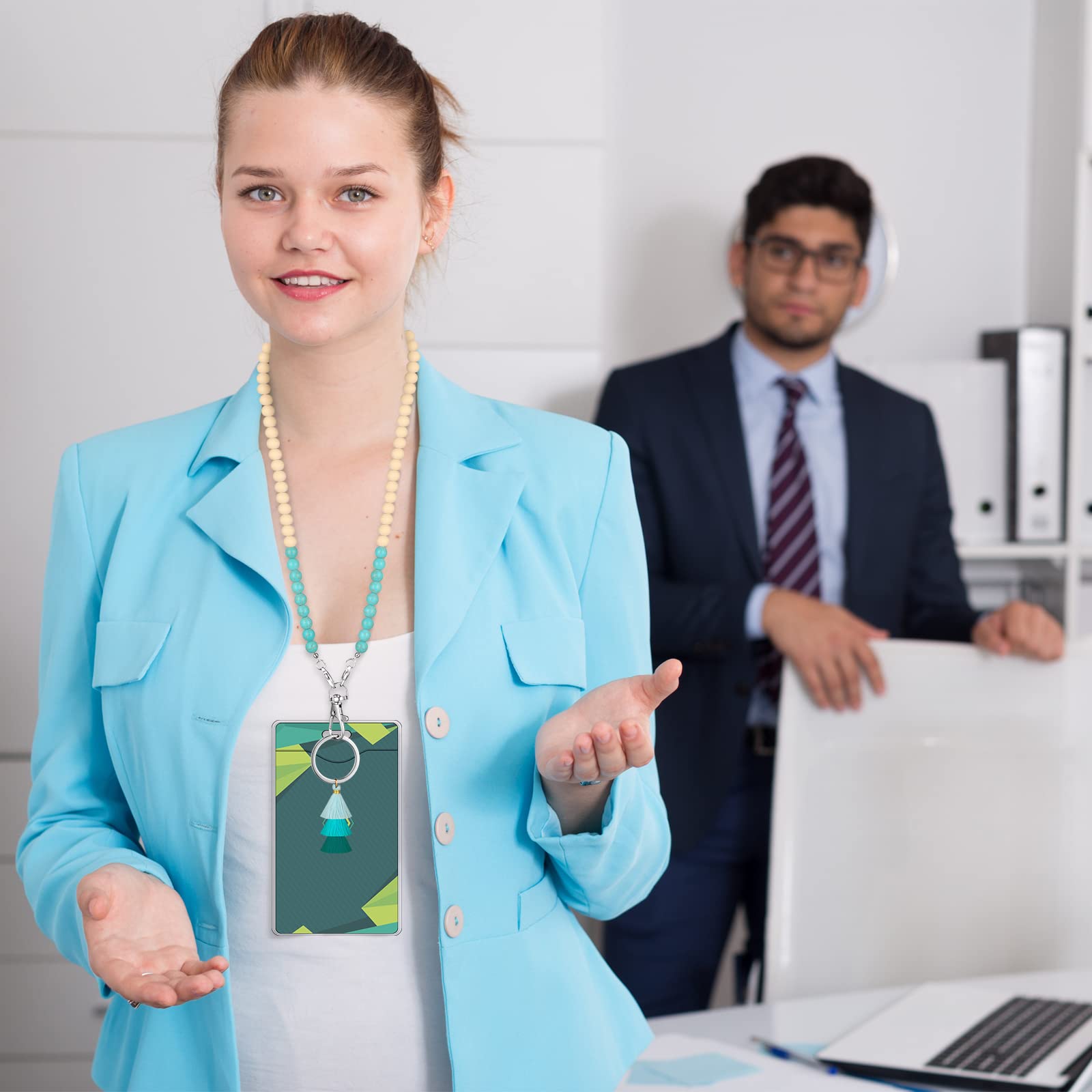 Wood Bead Lanyard Set - 4 Bohemian Neck Straps With 8 Clear Card Holders For ID Badges & Keys