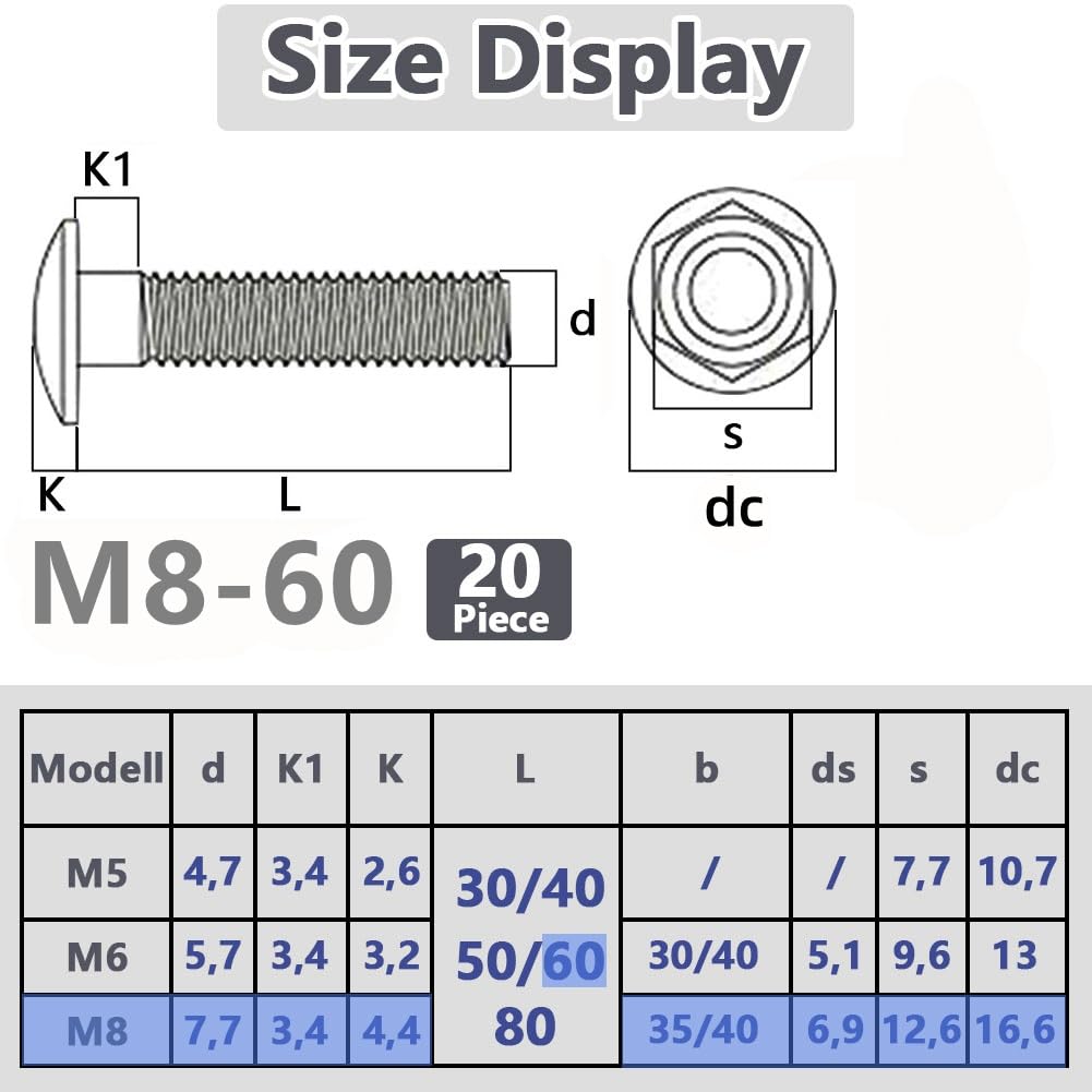 SHUNCHG M8x60 mm Coach Bolts, Cup Square Carriage Bolt and Nut Pack of 20, M8 (8mm) X 60 mm,Full Thread Coach Bolts with Hexagon Nuts - Image 3