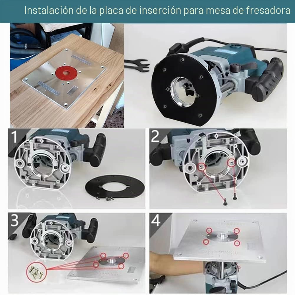 Fresadora de mesa con placa de inserción, router de aluminio, placa de inserción, con función de elevación, router, con 2 anillos y tornillos para rebajadora, trabajo de madera, 300 x 235 x 9,5 mm