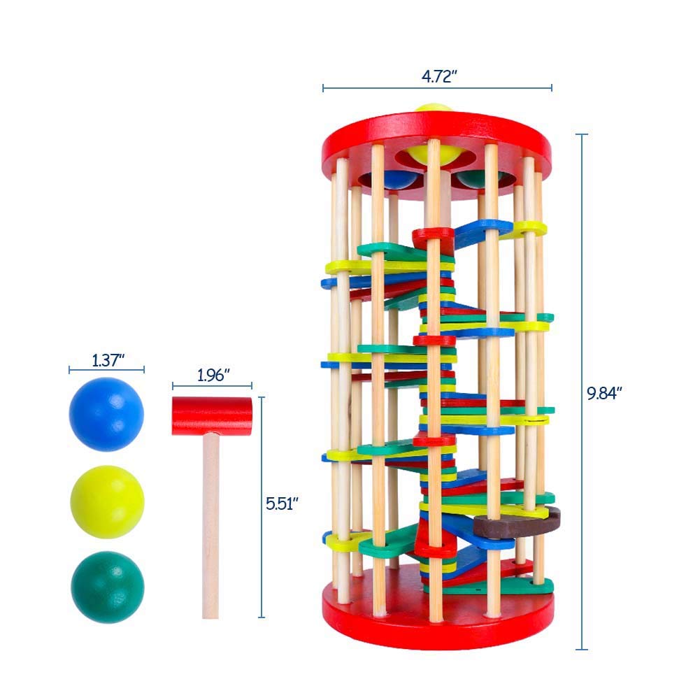 ROLENUNE Juguete de bola de madera para niños, martillo y rampa, juguete educativo Montessori, regalo para bebés y niños pequeños de 3, 4 y 5 años