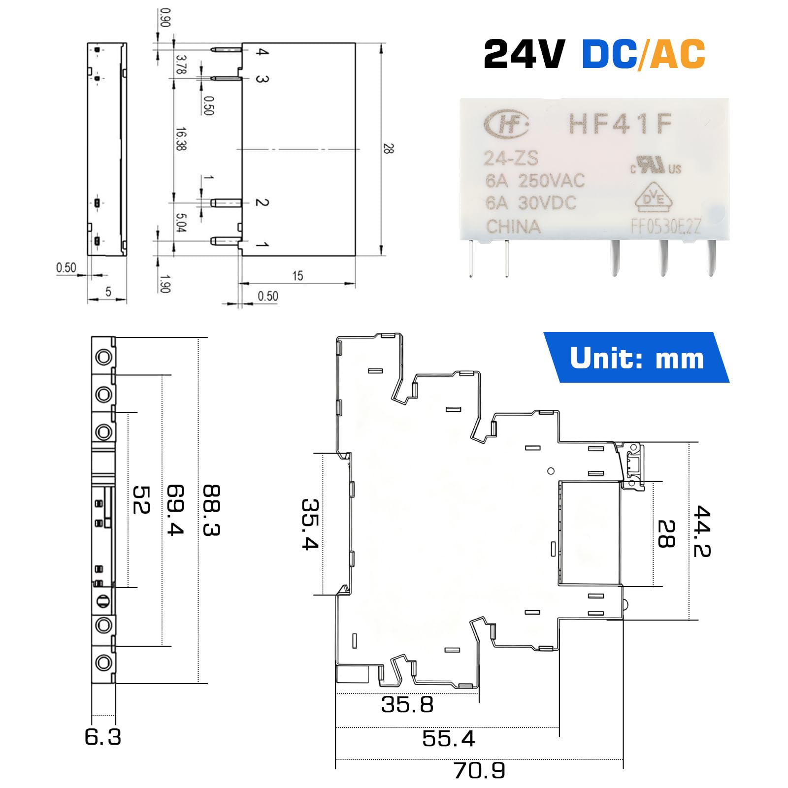 Relé de Señal DIN de 24V para PLC, HF41F/24-ZS, 5 pines, 1 NO, 1 NC, 6 A SPDT con Indicador LED, Relé de 24V CC, máx 6A, 250V CA/30V CC(10pcs)
