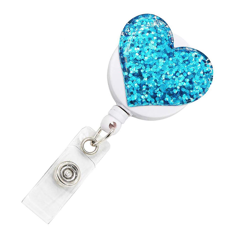 Heart Type Glittery Badge Reel Retractable ID Card Badge Holder with Belt Clip Door Pass Holder for Keys ID Cards (Blue)