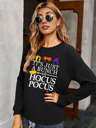 Miniatura 5 de LYEIAO Sudadera de Halloween con texto en inglés "It's Just A Bunch of Hocus Pocus", camiseta de manga larga para mujer