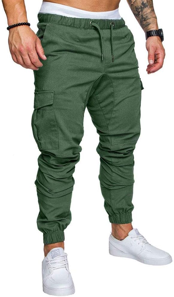 LINGMIN Men's Athletics Pocket Chino Cargo Pant Elastic Waist Trousers Jogger Pants