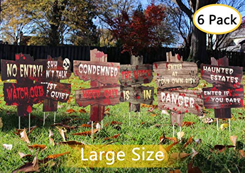 FUNNISM 6 Pack Halloween Decorations Yard Signs with Stakes, Scary Halloween Graveyard Beware Signs Party Decor Props, Creepy Lawn, Sidewalk, Garden, Porch, Yard Warning Signs Outdoor Halloween Decor