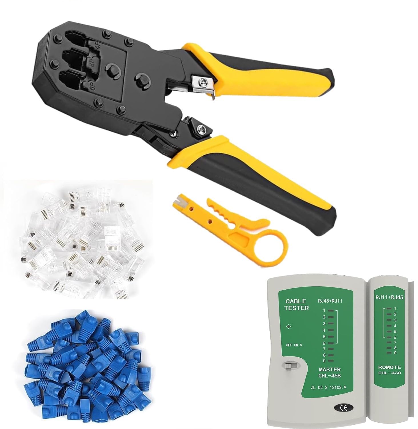 XIKKART RJ45 Crimping Tool Kit, Ethernet Crimper, Network RJ45 CAT5 CAT5e Crimping Tool Repair Kit Includes Cable Tester, Mini Stripper, 50Pcs 50PCS RJ45 CAT5 CAT5e Connectors and Strain Relief Boots (B0CHWJR37F) Amazon Price History, Amazon Price Tracker