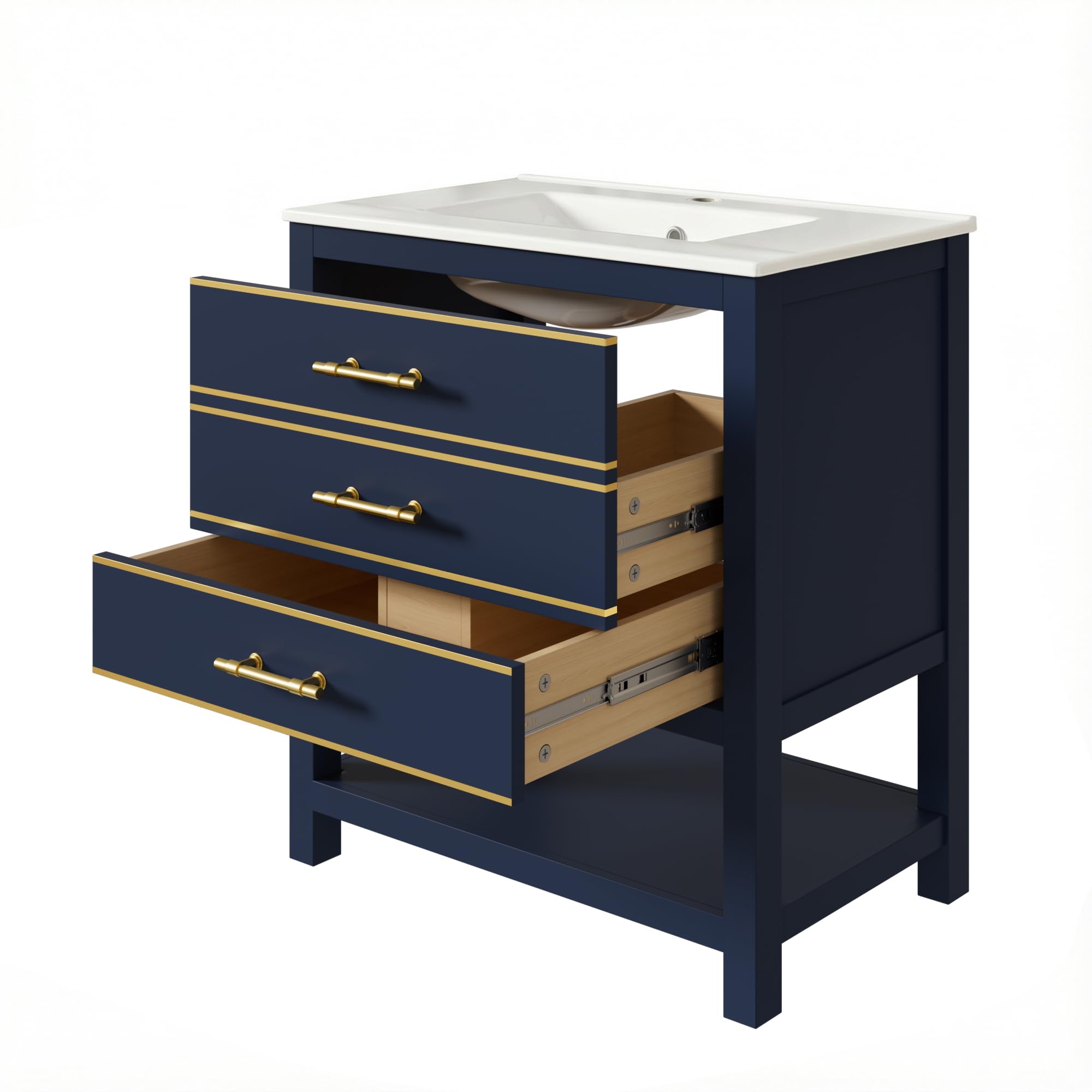 Mueble de baño con lavabo de cerámica negro y azul, 70 x 90 cm, mueble de baño independiente con 2 cajones, compartimento abierto, asas doradas, sin grifería