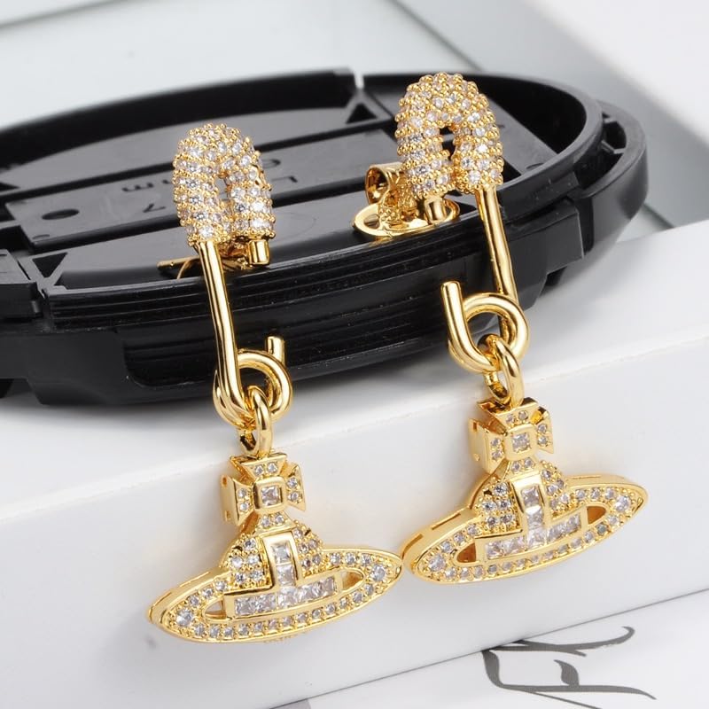 Colorful Saturn Earrings for Women - Punk Two-sided Pin Clip Zircon Saturn Earrings Ear Studs(Gold)