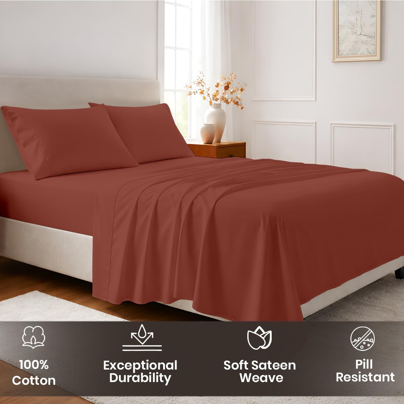 SGI bedding 100% Egyptian Cotton Sheets Twin Size – Cooling Sheets, Soft Breathable Terracotta Bedding, Luxury Bedding, Luxury Hotel Sheet Set, Deep Pocket 18", 4 Piece Set