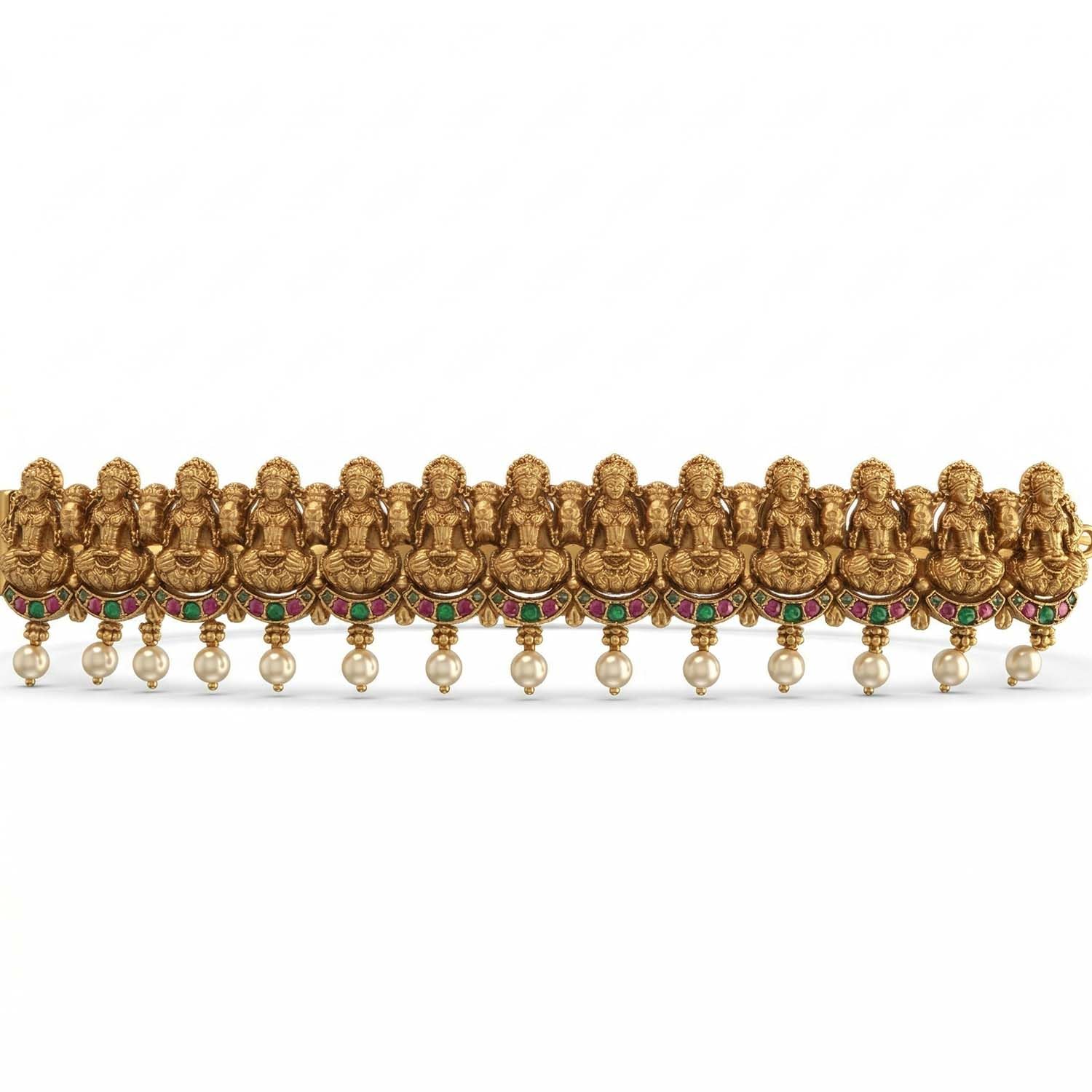 FASHIONS Traditional Adjustable 18K Matt Gold Anti Tarnish Antique Lakshmi Devi Design Vaddanam Stone Pearl Waist Belt Bridal Wedding Kamrband Kamrbandh Temple Jewellery For Women-image-39