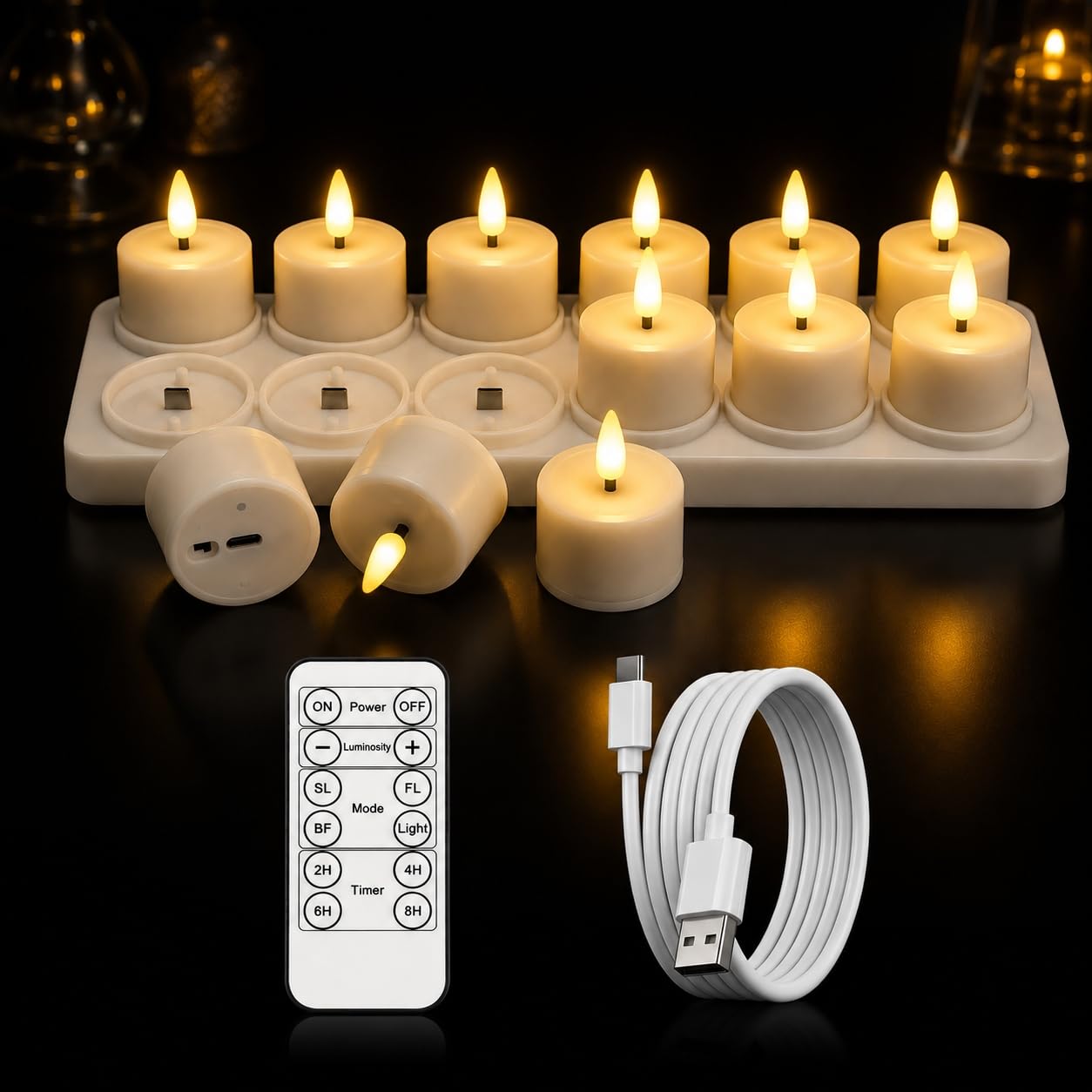 Vxoyo 12 Pcs Rechargeable LED Tealights with Remote & Timer Mode, Flameless Flickering Tea Light Candles, Warm White 2500K, 4 Light Modes, Candle Lamp for Home, Halloween, Christmas, Party Decor