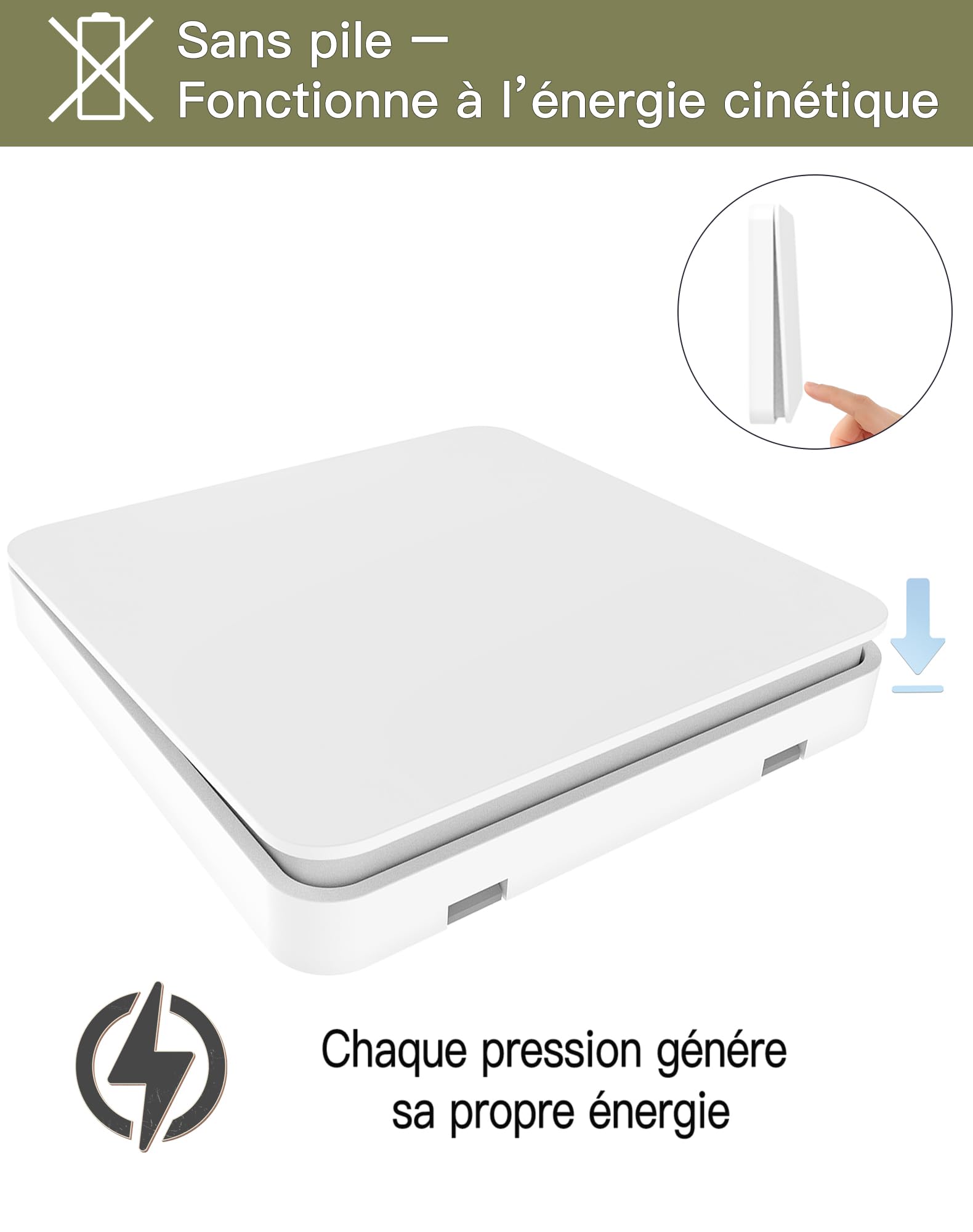 Interrupteur Sans Fil Sans Pile, Kit Va et Vient avec 2 Interrupteurs et 1 Récepteur 15A, Commande à Distance pour Éclairage, Compatible Interrupteurs Traditionnels, Sans Scintillement LED, Blanc