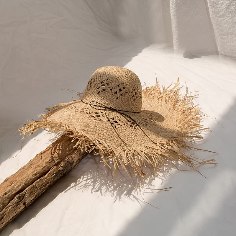 Sombrero de Paja de Verano para Mujer, Nuevo Sombrero de Playa Hueco + Sombrero de Paja de Rafia de Color sólido de ala Grande para Mujer (Sombrero de Paja) (Stra