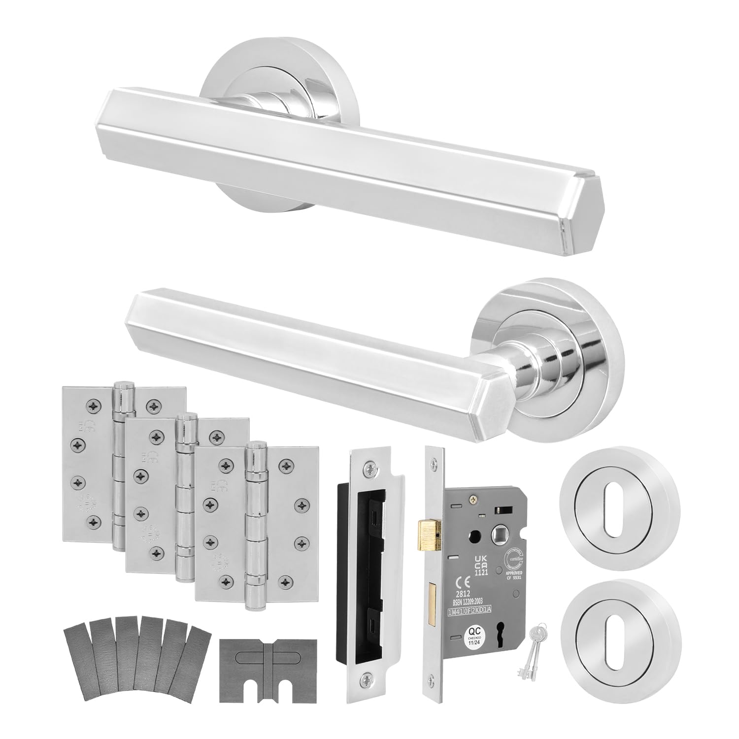 EAI Chrome Fire Door Handle Key Lock Set, Polished Chrome Internal Fire Rated Door Handle with 80mm Lock and 102mm Hinges, Madre Range 1 Pack