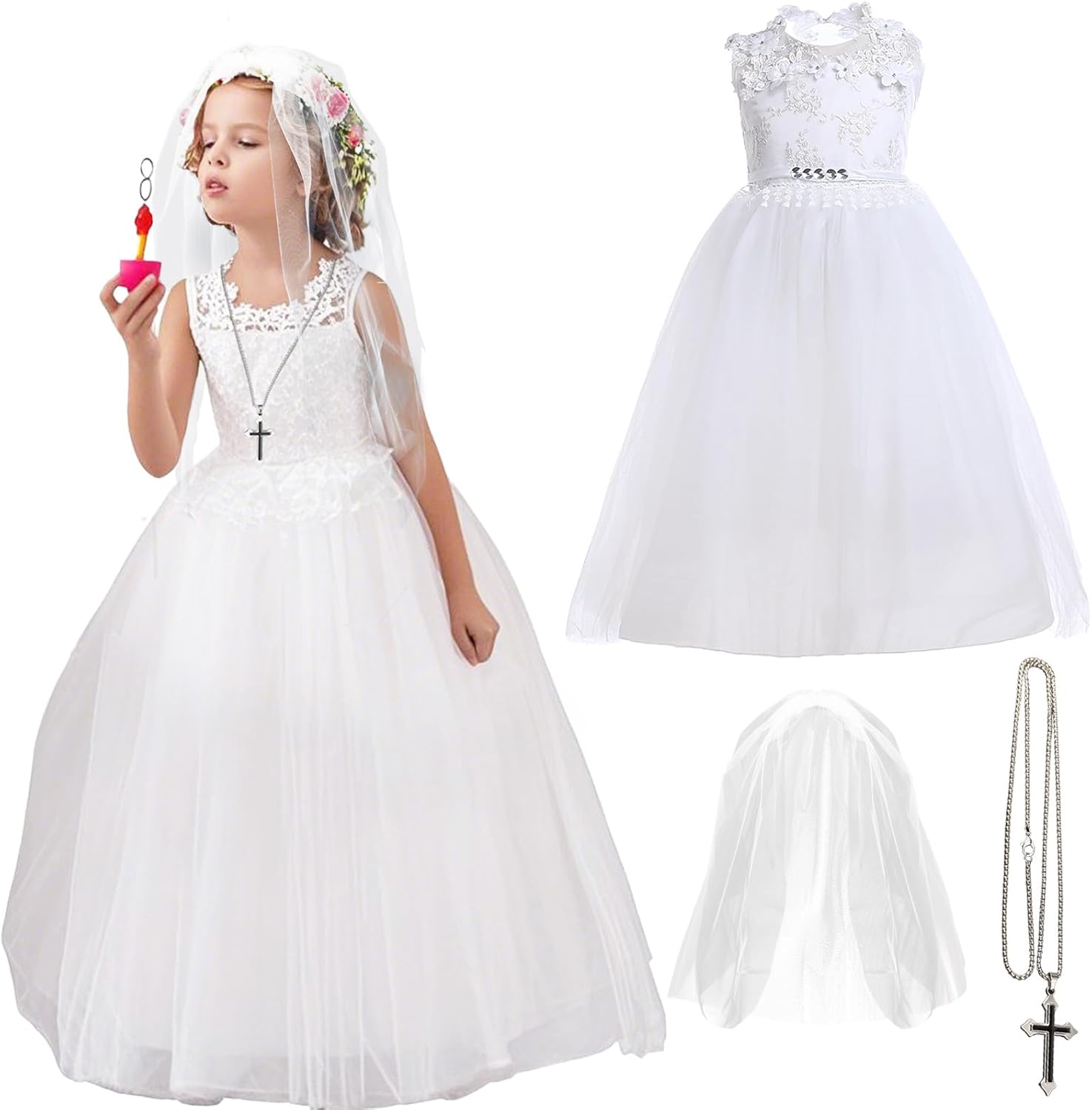 3Pcs First Communion Veils Lady First Communion Dress for Easter Costume Wedding Party Dresses Set