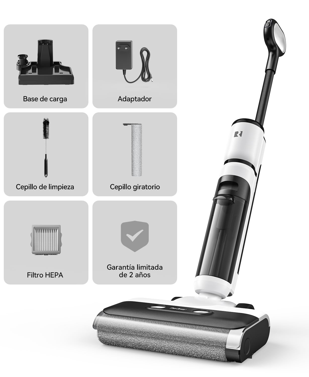 Redkey W13SE Aspiradora Fregadora sin Cable, 75 min Máx., 23KPa Aspiradora en Seco y Húmedo, Autolimpieza, Doble depósito, Aviso por Voz LED, Adecuado para Suelos Duros y Pelos de Mascotas