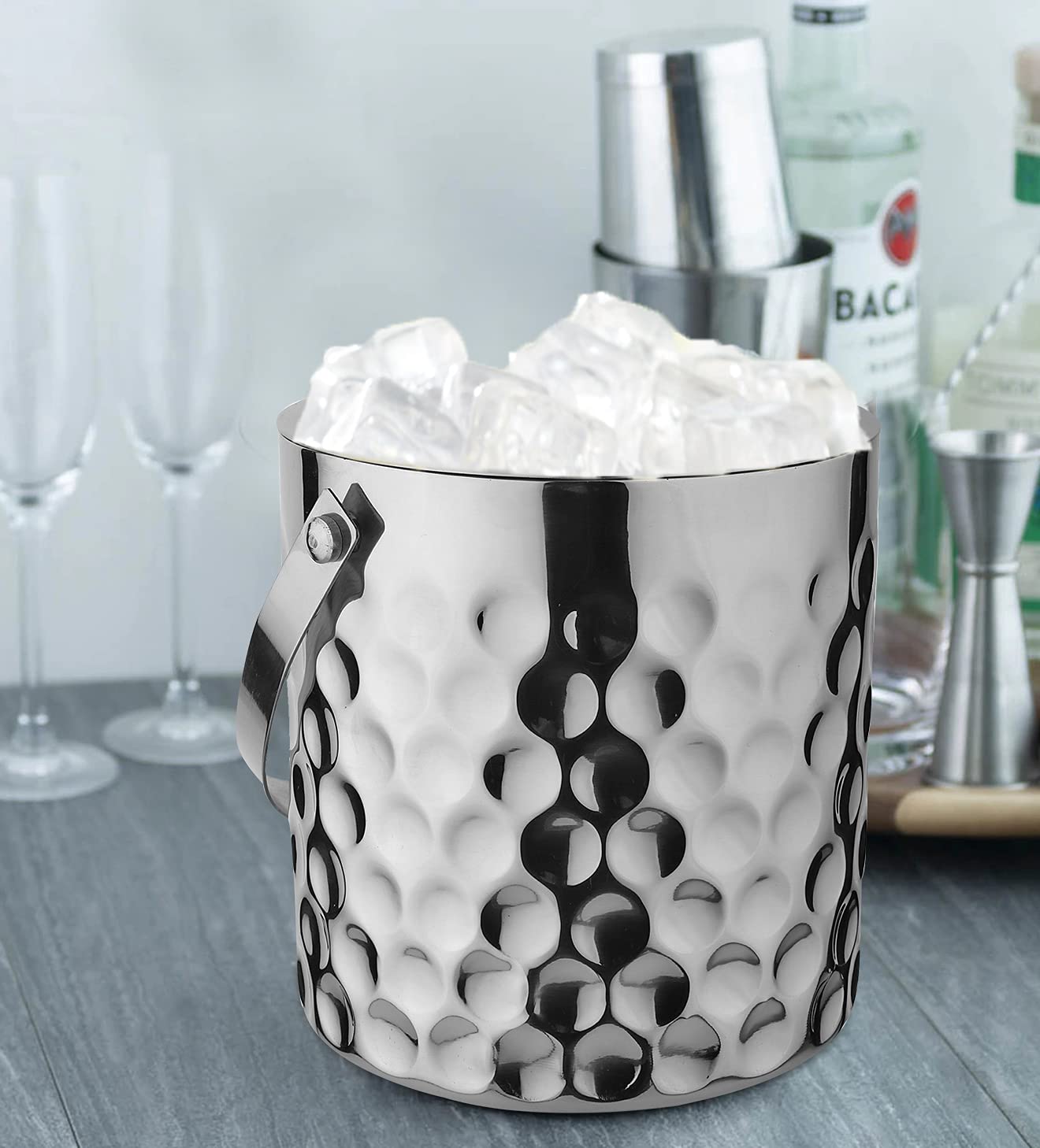STEREN IMPEX | Stainless Steel Ice Bucket with Tong - 1500 ml | Ice Bucket for Bar & Home | Premium Ice Bucket | Bar Accessories for Home |Silver Finish | Coin Design, Medium, 1.5L 2