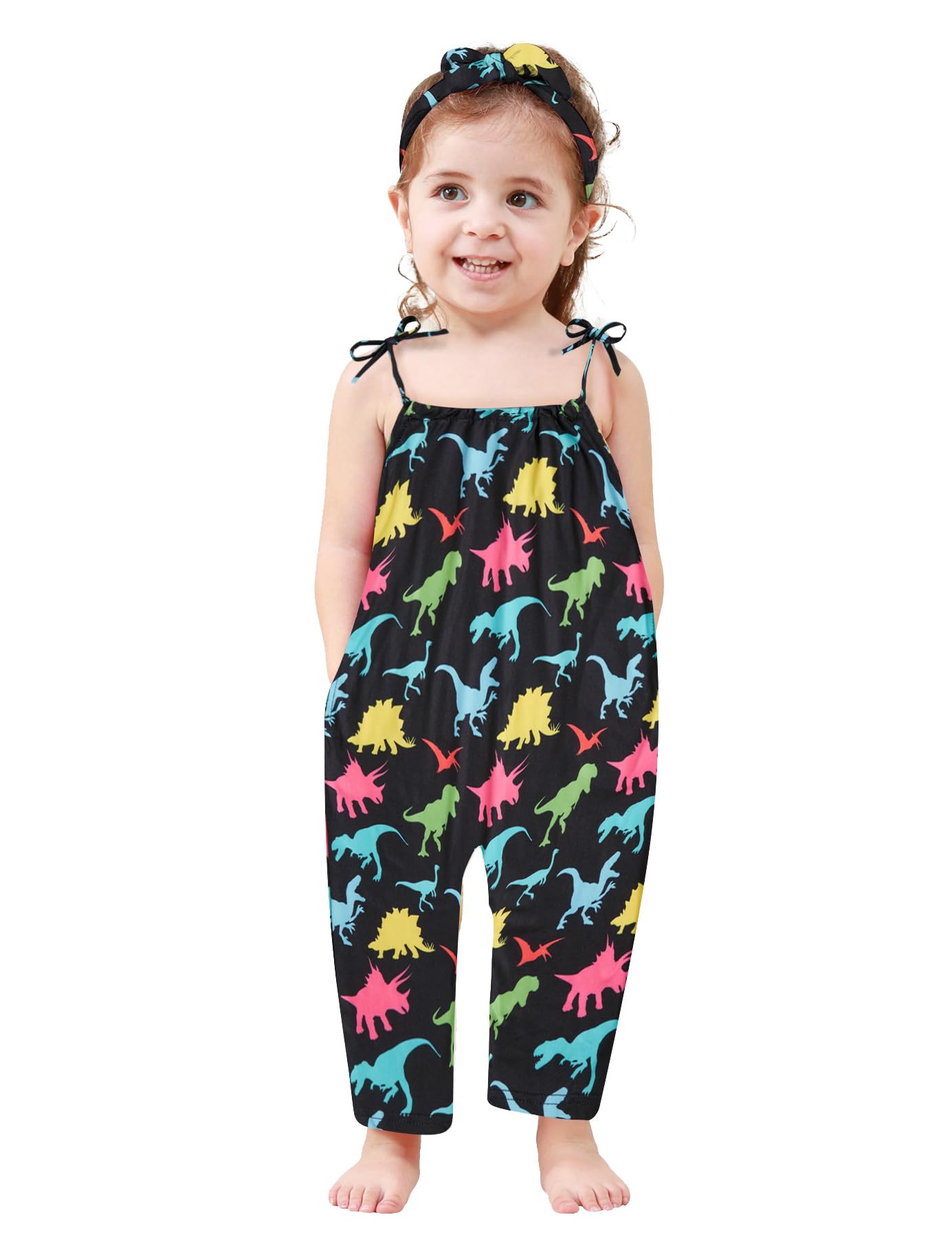 Lindanina Toddler Baby Girls Romper Sleeveless Jumpsuit Summer Clothes Adjustable Tie-Up Strap with Pocket Headband 1-5T