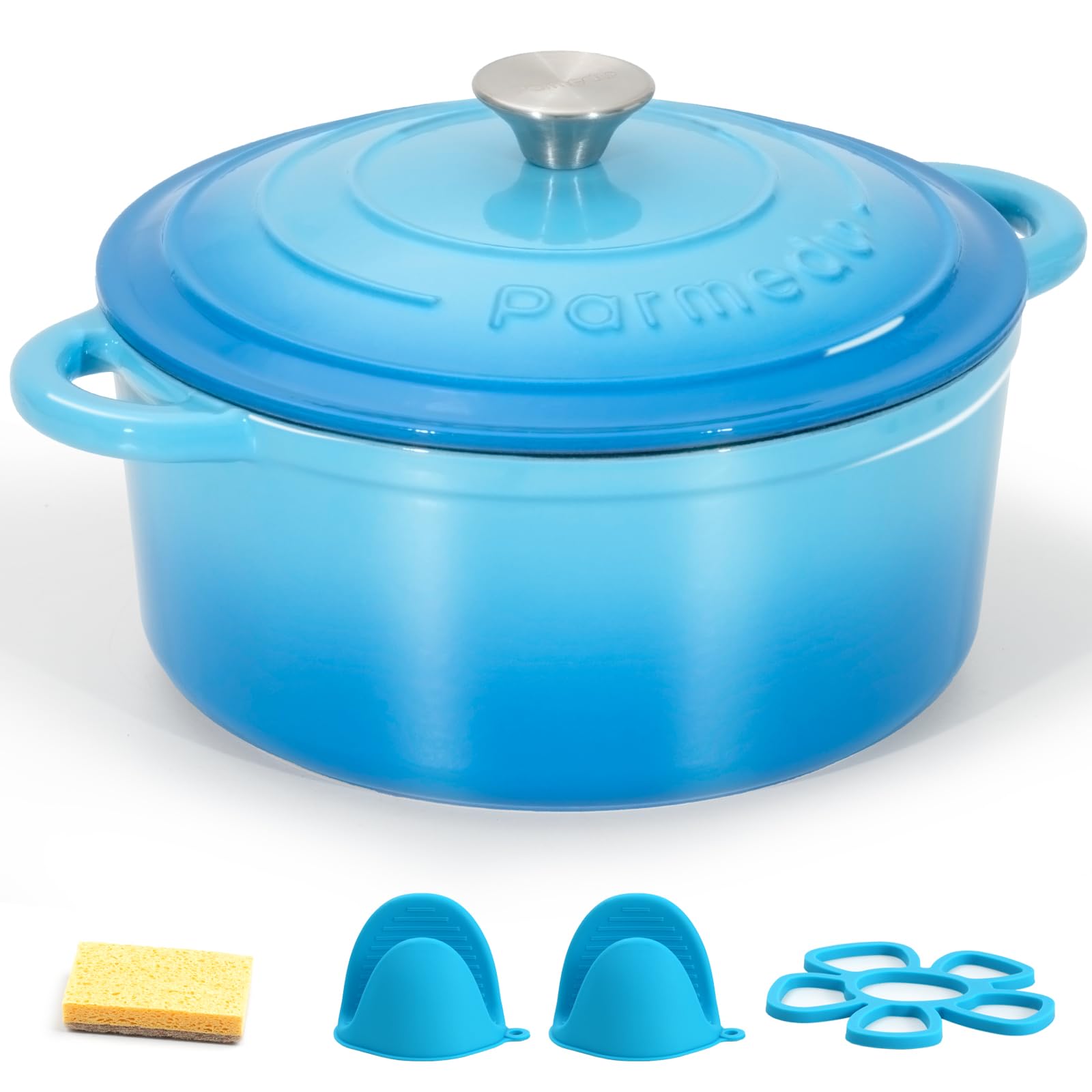 Parmedu Horno holandés de hierro fundido esmaltado, olla de 5.5 cuartos de galón con tapa, doble asa, utensilios de cocina resistentes para estofar, guisos, asar, hornear pan, azul océano