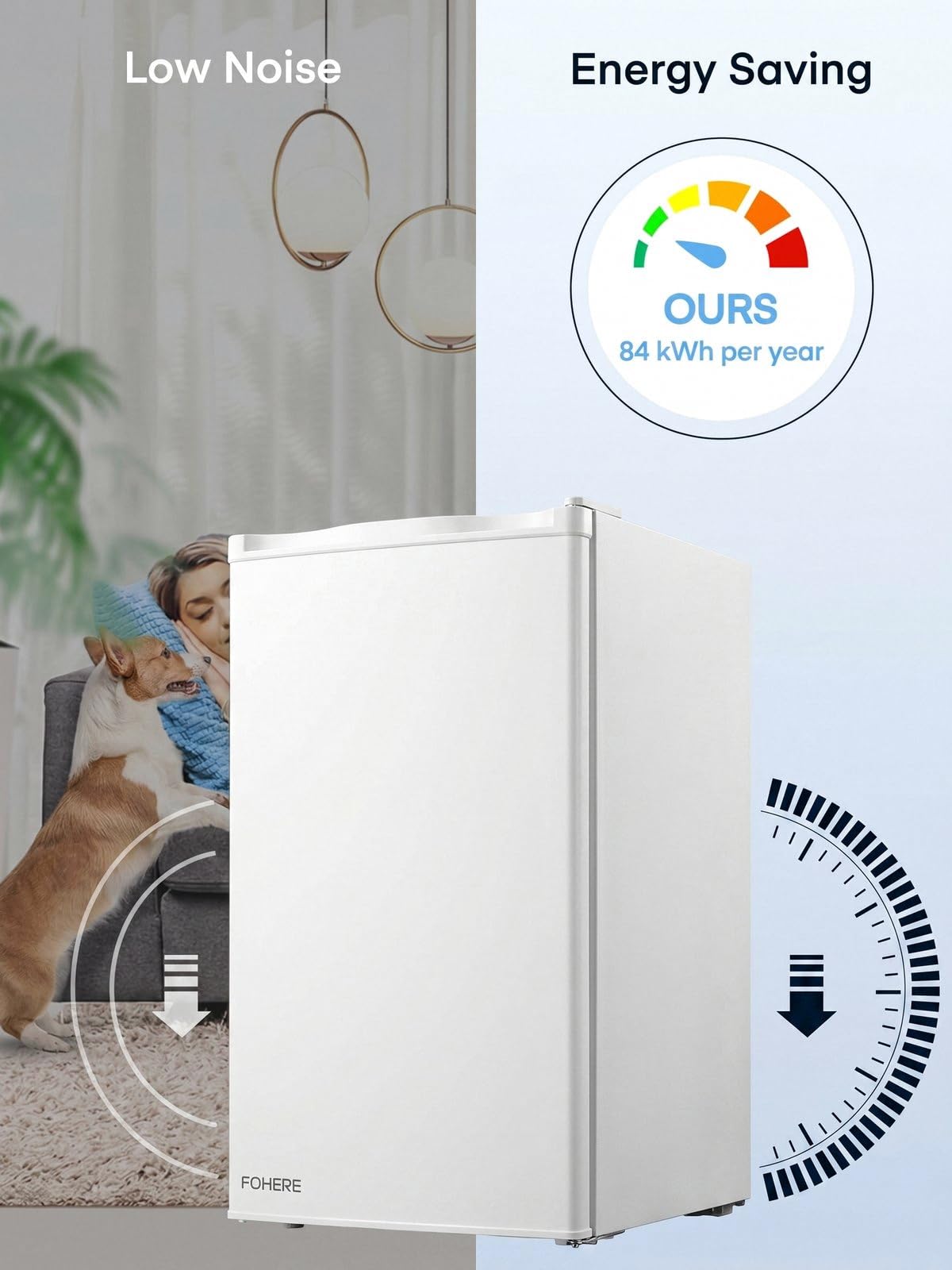 FOHERE Frigorifero Piccolo 90L, Frigorifero Monoporta con Fresh Zone, 7 Termostato Regolabile, Silenzioso, Scomparto per Verdure, Frigo da Ufficio, Camera, Bianco