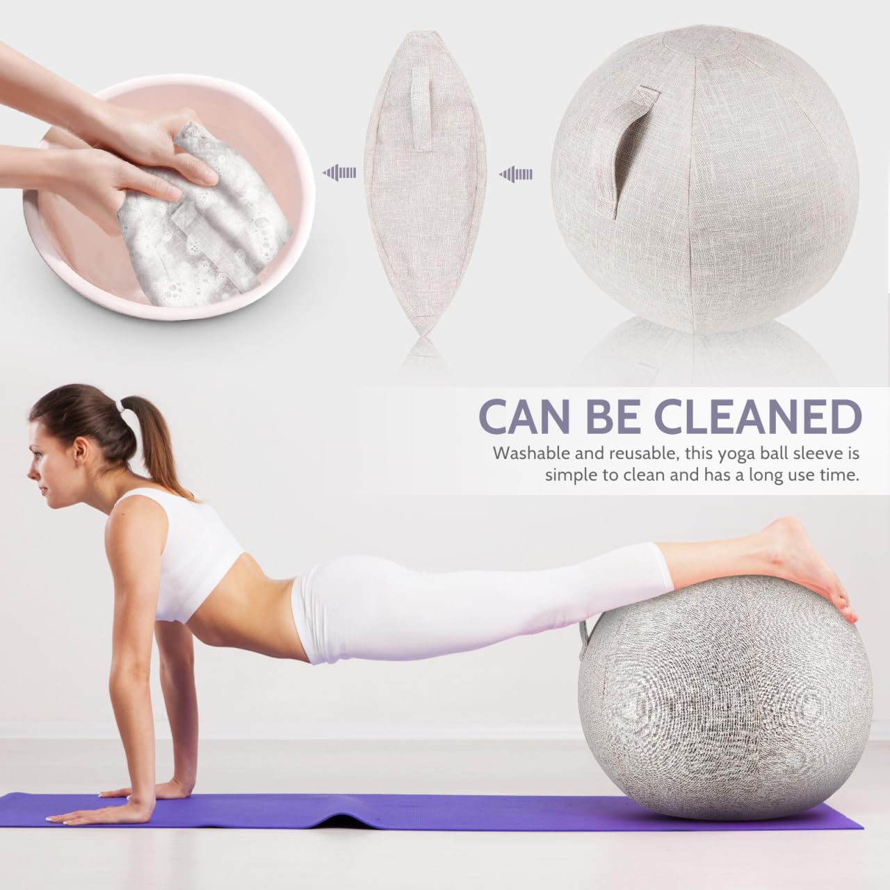 Cabilock Gymnastikball Bezug, Yoga Ball Schutzhülle aus Baumwolle und Leinen, Antistatisch & Atmungsaktiv, Husse für Sitzball zu Hause & Büro, Beige - 55cm
