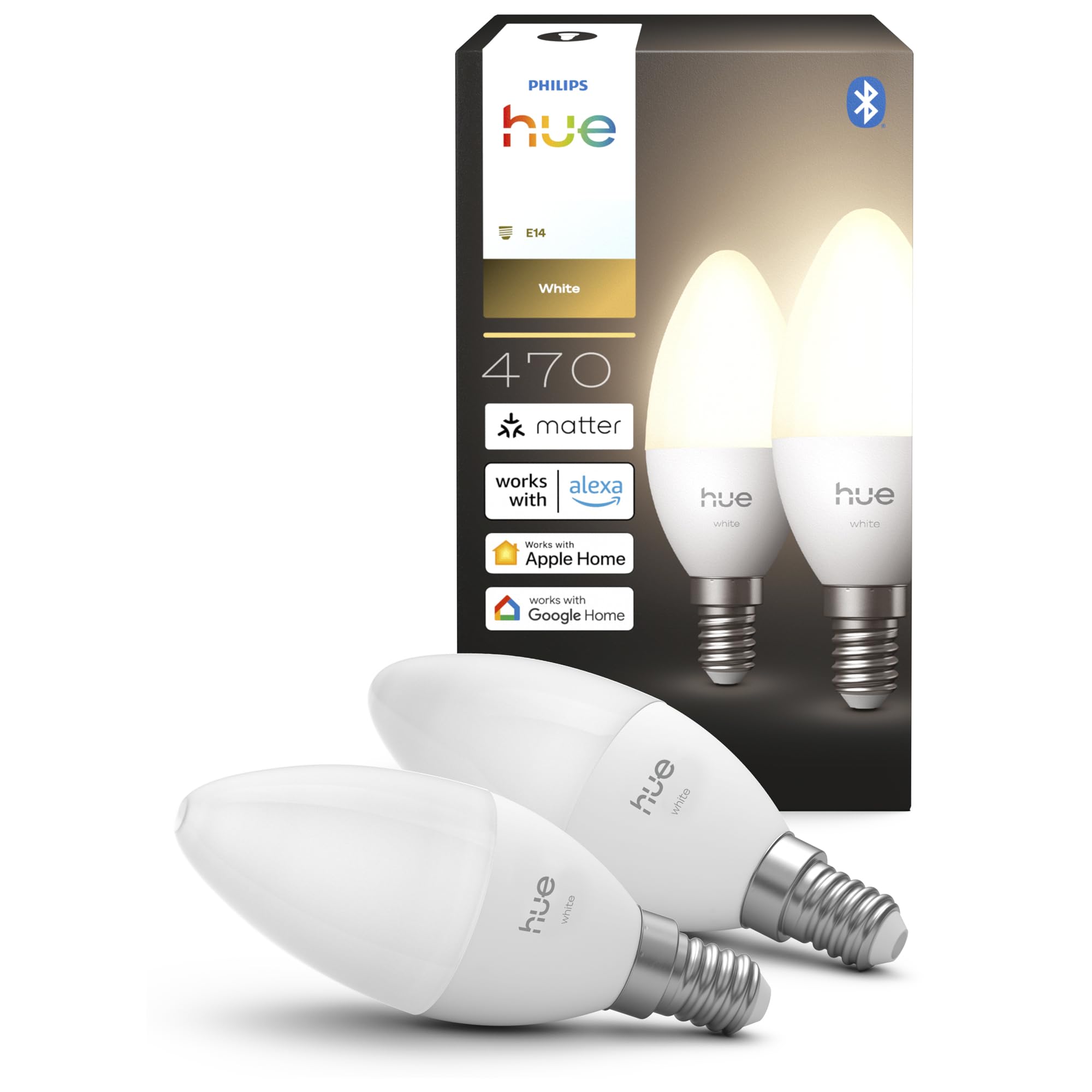 Philips Hue Smart LED Candle Bulb, B39, E14, 2 Pack, Warm White Light 2700 K, 470 lm, Low Dimming, Alexa, Google Home, Apple Home
