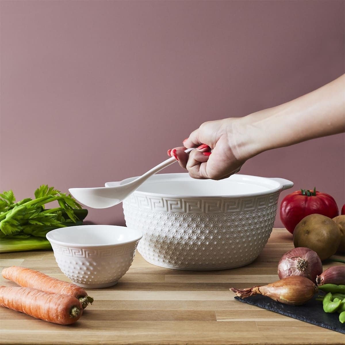 AltoBuy Service à Soupe en céramique Blanche avec soupière (2,7 L), louche et 6 Bols (25 cl)