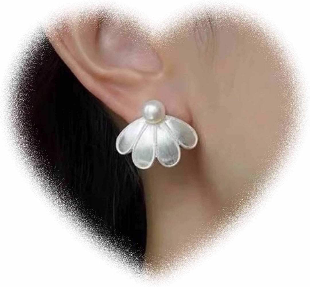 Boho Flower Pearl Earrings Silver Flower Earrings Petal Studs Earrings Trendy Flower Earrings Bridal Wedding Earrings Jewelry for Women