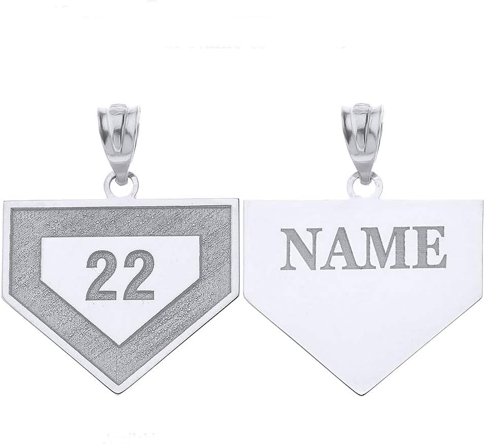 Sterling Silver Customized Sports Home Plate Baseball Base Pendant with Your Name and Number