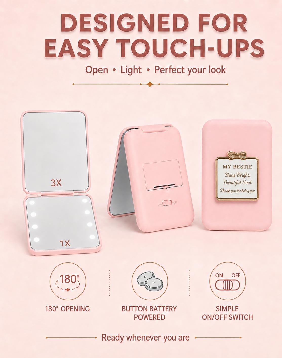 Bestie Friend Gifts for Women, Compact Pocket Mirror, 1X/3X Magnification LED Mini Makeup Mirror with Battery, 2-Sided Portable Folding Handheld, Birthday Bestie Gift for Women