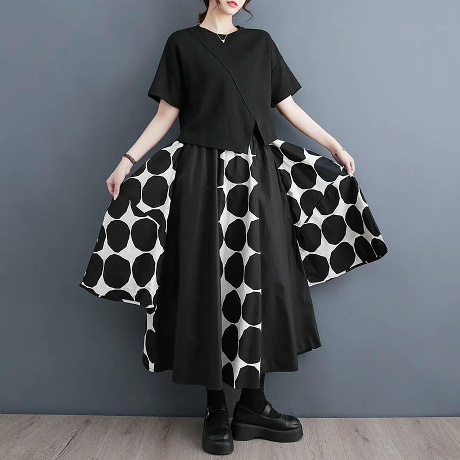 Gonna Lunga Donna Gonne A Pois Nera Stampa A-Line da Donna Asimmetriche Gonne A Vita Alta Vintage Femminile-Nero-One Size (50-90 kg)