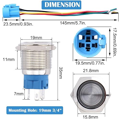 Miniatura 4 de DMWD 2 interruptores de botón de cierre antivandálico de metal impermeable de 0.748 in, carcasa plateada con coleta para orificio de montaje de 34