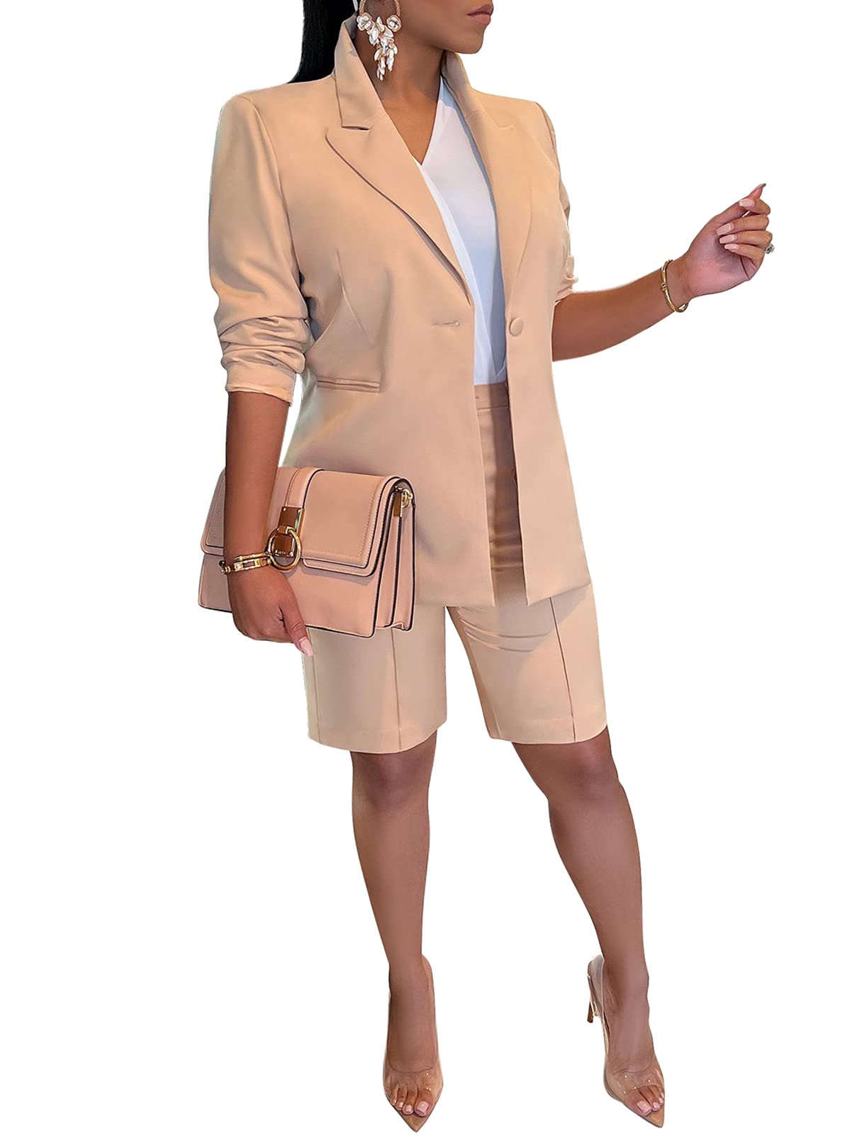 Famnbro Womens 2 Piece Blazer Outfits Lapels Open Front Suit Jacket and Bermuda Shorts Set
