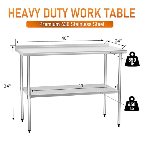 Miniatura 2 de HOCCOT Mesa de preparación y trabajo de acero inoxidable con estante ajustable y salpicadero, isla de cocina con almacenamiento, estaciones de